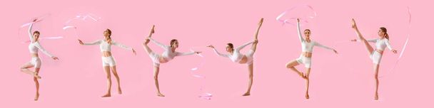 Zestaw pięknej młodej kobiety wykonującej gimnastykę ze wstążką na różowym tle - Zdjęcie, obraz
