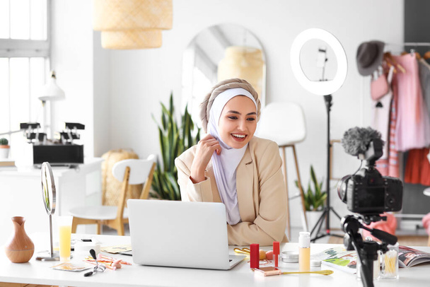 Muslim beauty blogger recording video in dressing room - 写真・画像