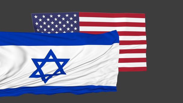 Flags of Israel and the USA on a gray background. Friends countries. 3d rendering. - Foto, imagen