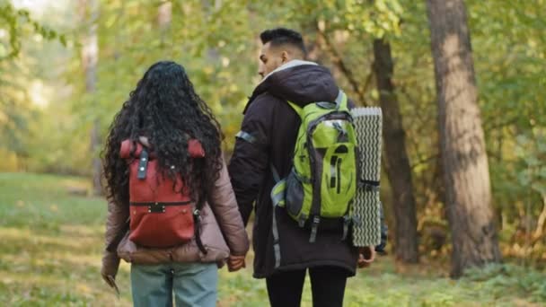 Смотреть назад молодая активная здоровая пара в любви туристы путешествуют с рюкзаком в лесу прогулка по осенним лесам, держа руки общаться говорить наслаждаться природой активный туризм выходные - Кадры, видео