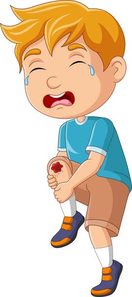 Vector illustratie van Cartoon kleine jongen huilen met geschraapte knie - Vector, afbeelding