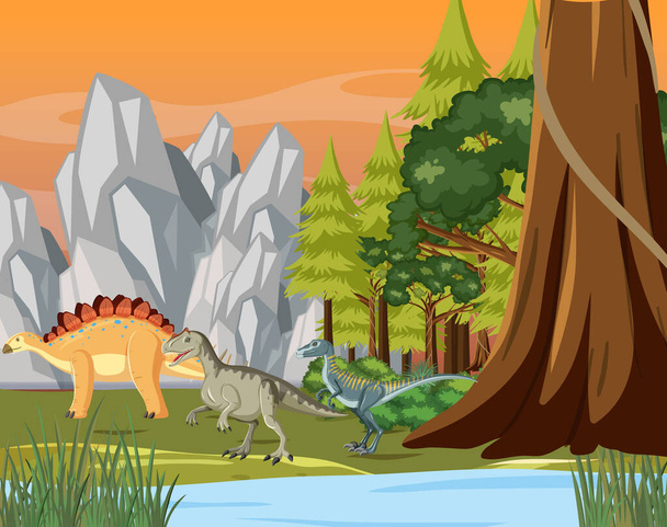 Scena z dinozaurami w ilustracji lasu - Wektor, obraz