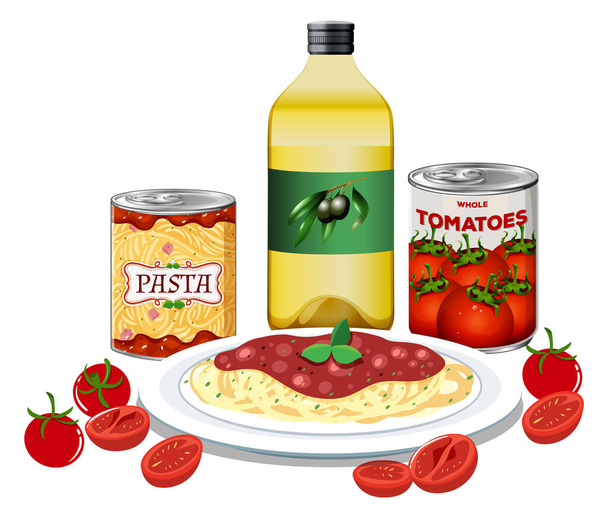 Spaghetti mit Tomatensauce in Dosen Illustration - Vektor, Bild