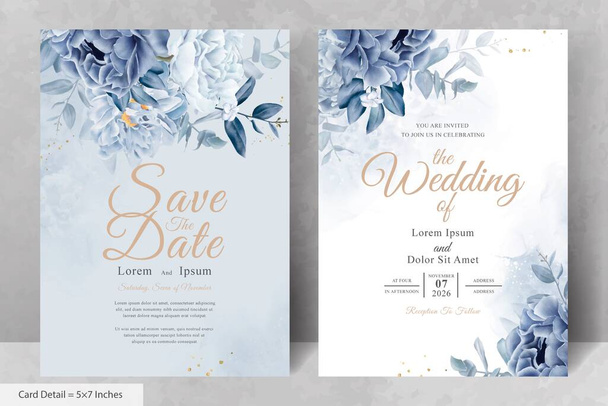 Papelería de boda elegante con flor azul marino y hojas - Vector, imagen