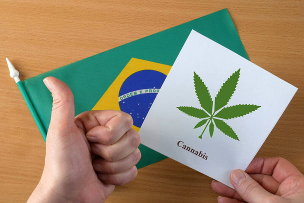 Brazil flag and cannabis image. Legal hemp or marijuana concept. Medical cannabis. Top view - Foto, immagini