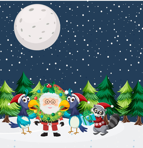 Święta Bożego Narodzenia z Mikołajem w nocy ilustracji - Wektor, obraz