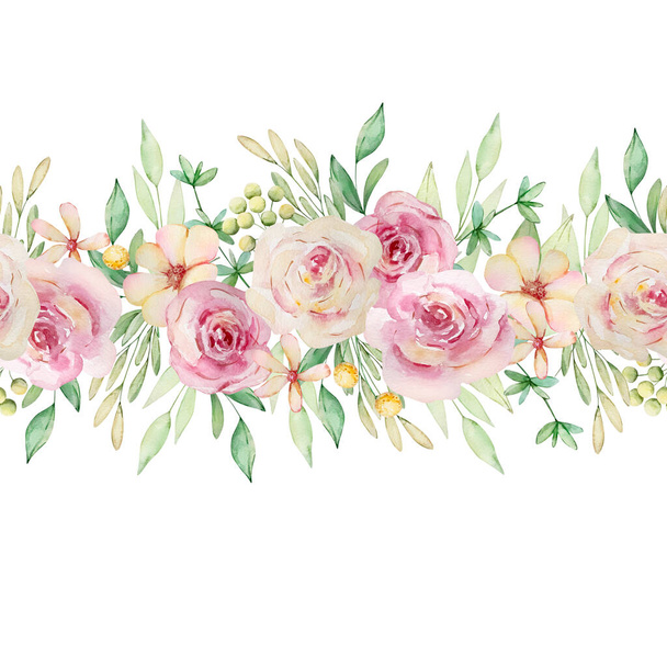 Watercolor illustration seamless border of light pink roses and leave - Valokuva, kuva