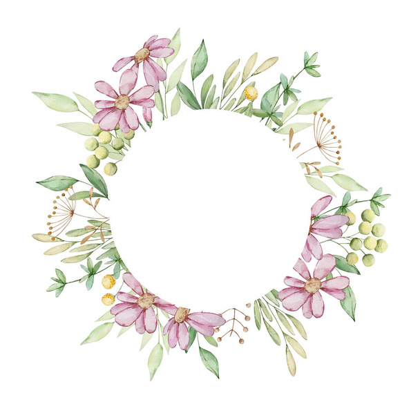 Watercolor round floral frame of rose flowers and leave - Foto, Imagem
