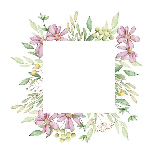 Watercolor square floral frame of pink flowers and leaves - Photo, Image