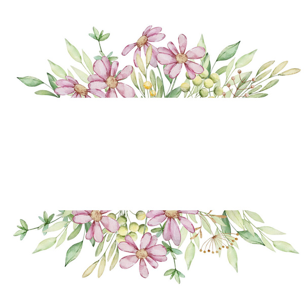 Aquarel bloemkader banner van roze bloemen en bladeren - Foto, afbeelding
