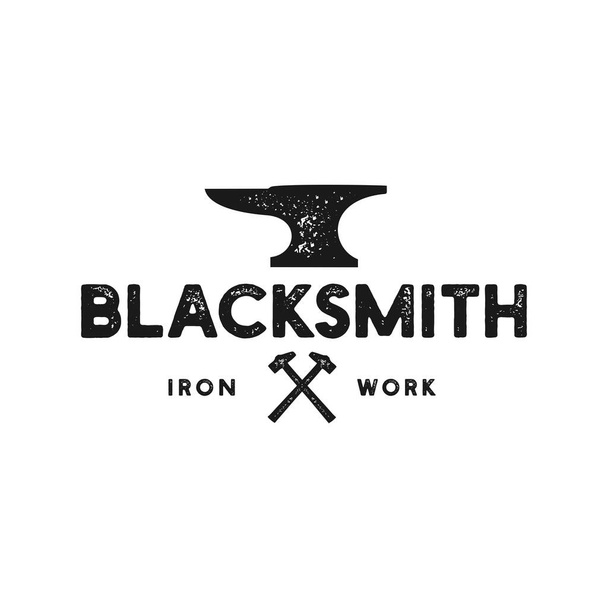 Blacksmith anvil badge vintage logo. Iron works, metal works retro hipster logo - Vector, Image