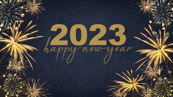 HAPPY NEW YEAR 2023 - Feestelijke silvester Nieuwjaar Feest achtergrond wenskaart - Gouden vuurwerk in de donkerblauwe nacht - Foto, afbeelding