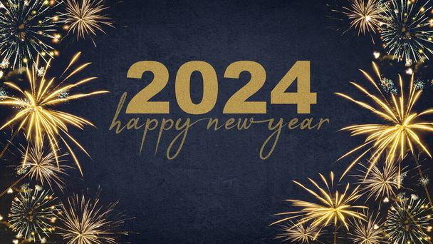 YILI YIL 2024 Şenlikli Silvester Yeni Yıl Partisi arkaplan kartı - Koyu mavi gecede altın havai fişekler - Fotoğraf, Görsel