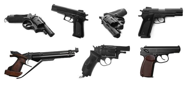 Set with different handguns on white background. Banner design - Foto, immagini