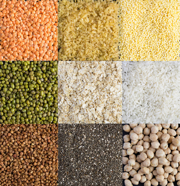 Colagem de vários cereais e leguminosas. Comida saudável. Close-up. - Foto, Imagem