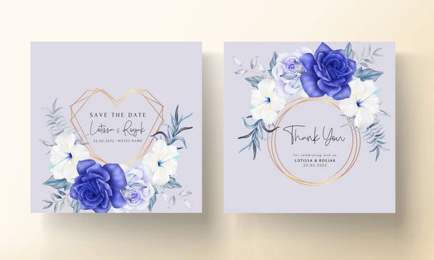 美しい青い花の結婚式招待状カードテンプレート - ベクター画像