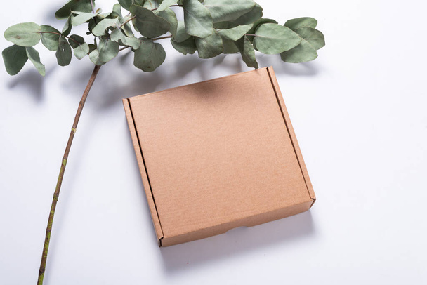 Brown Corrugated Cardboard Mailer Box on wooden desk with eucaly - 写真・画像