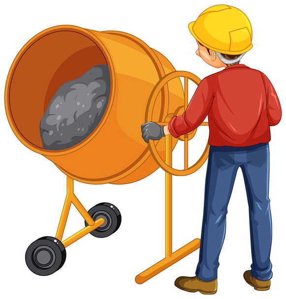 Tambor de mistura de concreto com uma ilustração de trabalhador - Vetor, Imagem