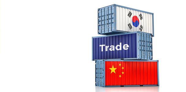 Cargo containers with South Korea and China national flags. 3D Rendering - Fotó, kép