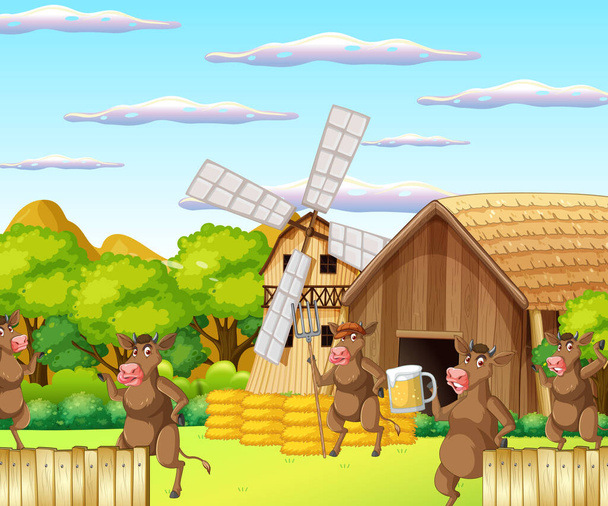 幸せな動物のイラストと屋外牛の農場のシーン - ベクター画像