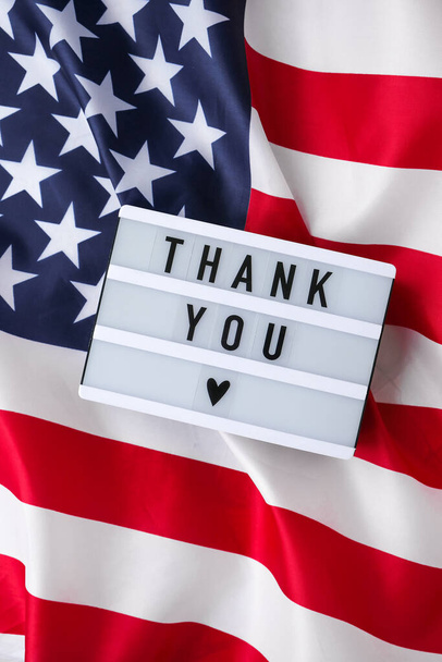 American flag. Lightbox with text THANK YOU Flag of the united states of America. July 4th Independence Day. USA patriotism national holiday. Usa proud. Freedom concept - Foto, afbeelding