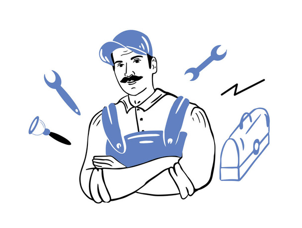 Mano de fontanero en uniforme azul con brazos cruzados. Un conjunto de herramientas para trabajos de reparación.Ilustración vectorial. - Vector, imagen