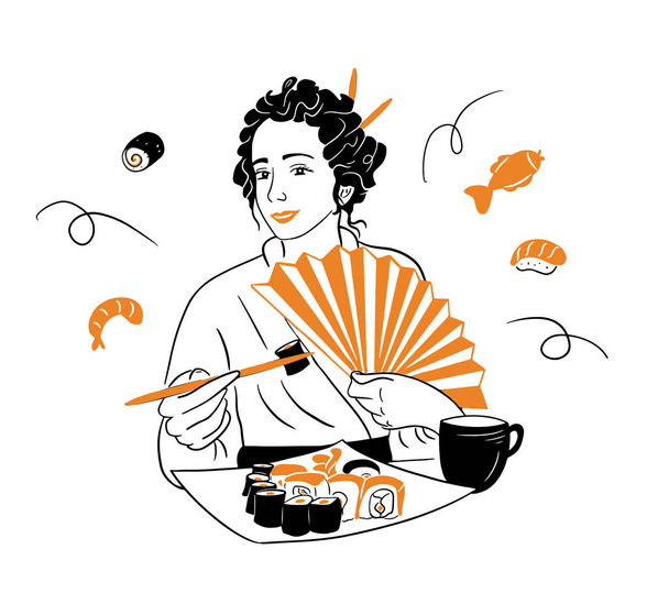 女の子は寿司ロールを食べます。日本料理。. - ベクター画像