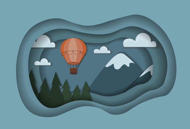 Flat paper cut hot air baloon in mountains. Pine forest silhouette on the foreground. - Vector, Image