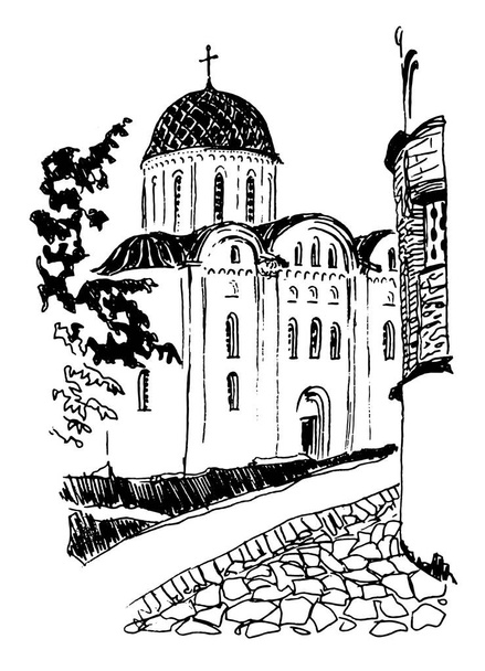 手はチェルニヒフの古代の大聖堂教会の建物とヴィンテージスケッチの風景を描いた。黒と白の線画 - ベクター画像