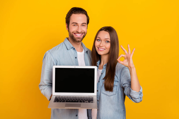 Portrait of handsome beautiful cheerful couple holding laptop showing ok-sign ad isolated over bright yellow color background - Foto, immagini
