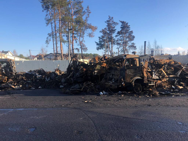 Borodyanka, Kyiv region, Ukraine. April 08, 2022: destruction and burnt out Russian military vehicle in Borodyanka - 写真・画像