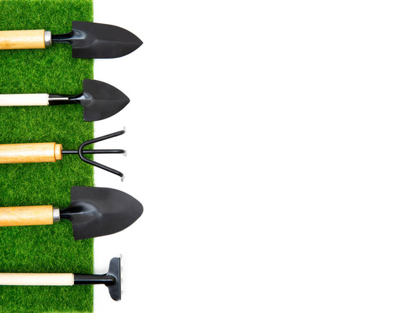 Set of hand held gardening tools on a lawn background with copy space. - Фото, зображення