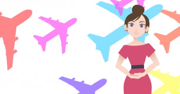 Animatie van een vrouw die praat over vliegtuigpictogrammen. nationaal mentor- en feestconcept digitaal gegenereerde video. - Video