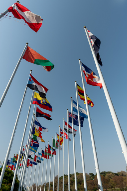 National flags of many countries on flagpoles, international cooperation concept - 写真・画像