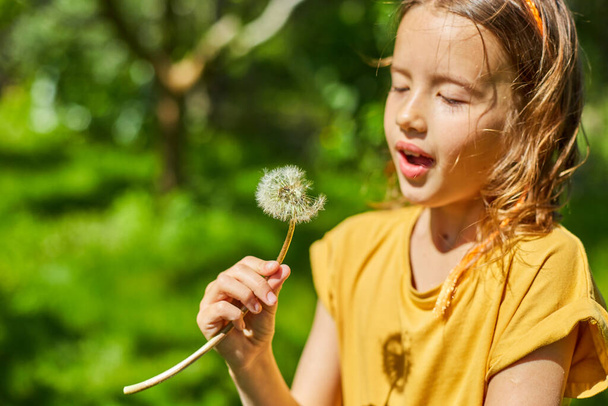 Adorable little girl blowing on a dandelion on a sunny summer day, summertime vacation. - Photo, Image