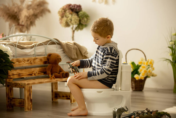 Criança bonito, menino, usando potty em casa, enquanto brincava com brinquedos, treinamento potty - Foto, Imagem