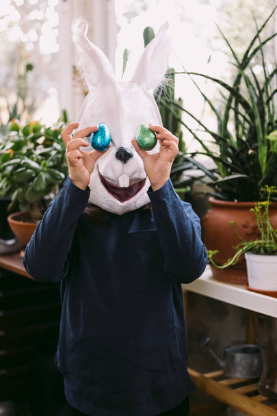 Dívka slaví Velikonoce s králičí maskou, která nasazuje čokoládová vajíčka jako oči v zaskleném prostoru obklopeném rostlinami. Velikonoční oslavy a koncepce kostýmů. - Fotografie, Obrázek