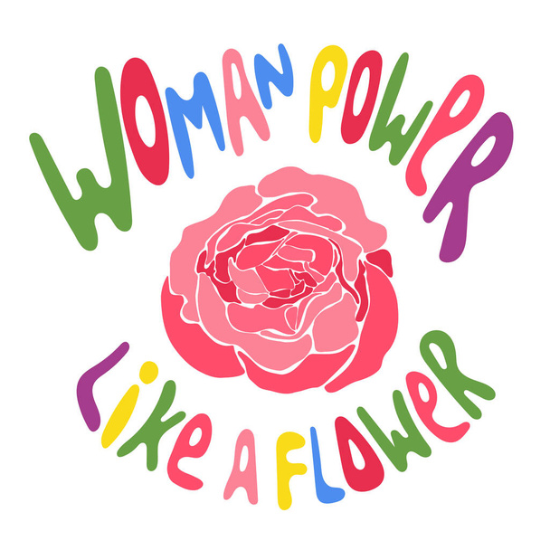 Poder de la mujer como una flor multicolor guion dibujado a mano y abstracto rosa flor estilo mosaico. Ilustración vectorial. Diseño de camiseta para mujer, tarjeta, póster, portada de equipo de niña - Vector, imagen