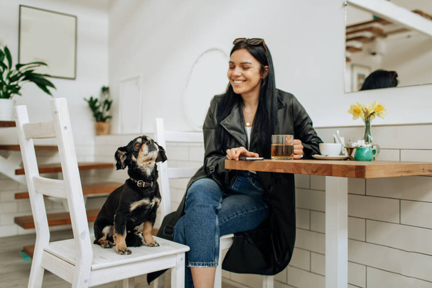 An optimistic woman in a gray suit smiles and plays with a dog in a cafe. Pretty woman in stylish coat posing. High quality photo - Фото, изображение