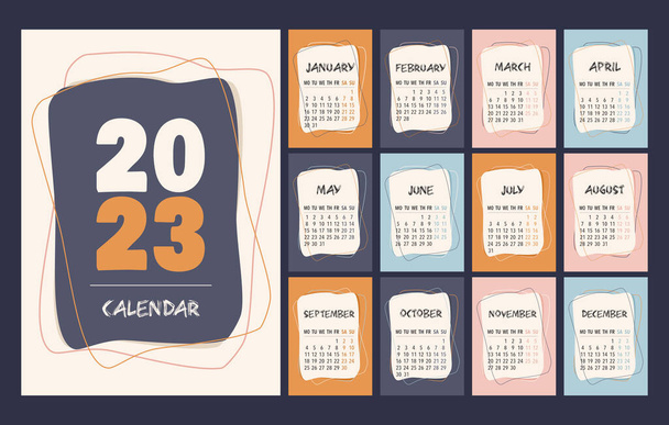 Calendario 2023 modello, arancione, rosa, blu, bianco e blu scuro disegno del calendario scrivania. Inizio settimana Lunedì, pianificatore, cancelleria, calendario da parete. Illustrazione vettoriale - Vettoriali, immagini