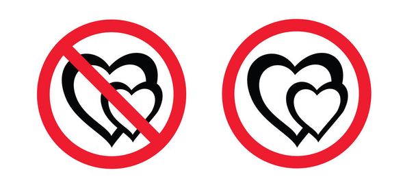Stop do not love zone with red stop sign. Forbidden couple, romance area. Halt allowed, no ban. Flat vector signboard icon or pictogram. Heart shape logo. No falling in love. Don't touch people. Don't approach. Valentines valentine's Day - Vector, Image
