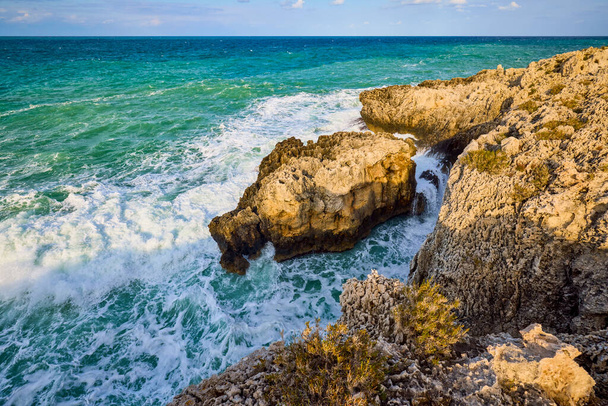 Güneşli bir günde kayalık bir deniz kıyısına sahip güzel bir manzara. - Fotoğraf, Görsel