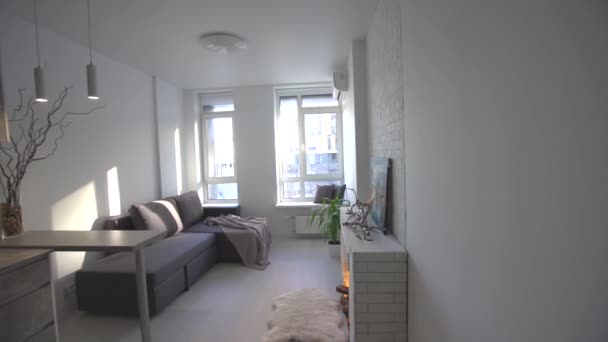 studio w minimalistycznym stylu, kominek, sofa - Materiał filmowy, wideo