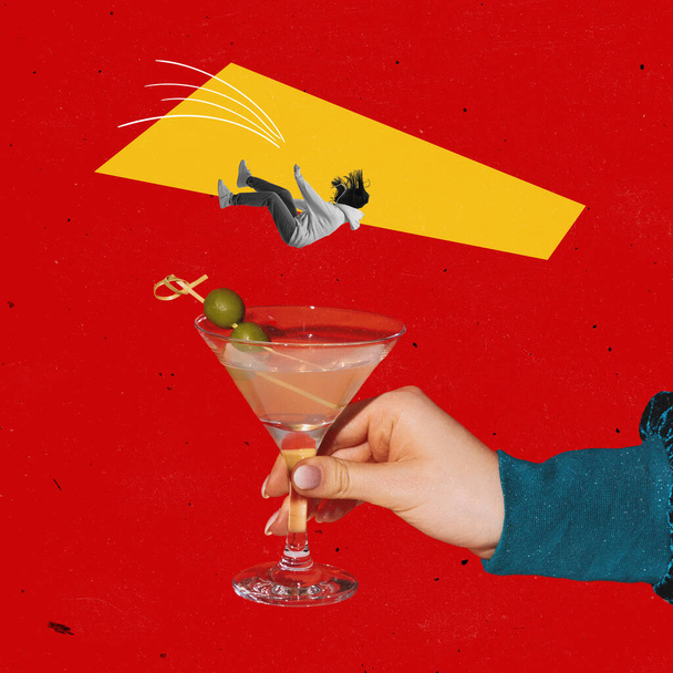 Contemporary art collage. Woman falling down into martini glass with olives isolated over bright red background - Zdjęcie, obraz