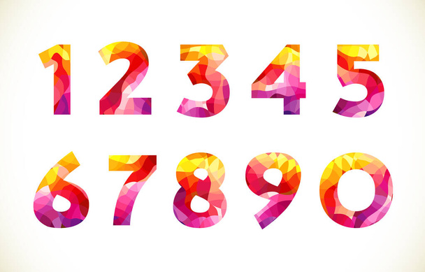 Πύρινη και φλεγόμενη συλλογή κόκκινων αριθμών. Σύνολο αριθμών. Δημιουργική τυπογραφία από βιτρό. Μεμονωμένο αφηρημένο γραφικό πρότυπο σχεδιασμού. Μωσαϊκό υφή, χρωματιστά σημάδια 1 - 10, μέχρι 0 έως 9. Στυλ τέχνης προσώπου. - Διάνυσμα, εικόνα