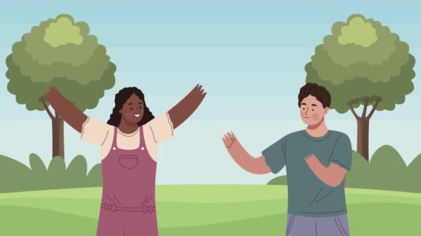νεαρό διαφυλετικό ζευγάρι στο στρατόπεδο χαρακτήρες - Πλάνα, βίντεο
