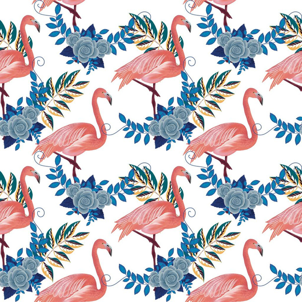 Roze flamingo en exotische bloemen, palmbladeren. Bloemen naadloos patroon. Tropische illustratie. Exotische planten, vogels. Zomer strand ontwerp. Paradijs natuur. - Foto, afbeelding