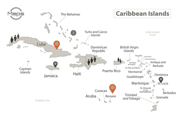 Caribbean Islands map, individual island with names, Infographics and icons vector - Vector, Image