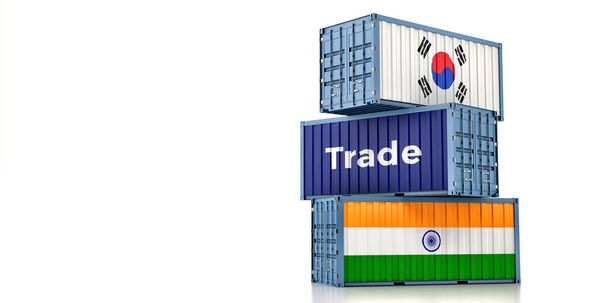 Frachtcontainer mit südkoreanischen und indischen Nationalflaggen. 3D-Rendering - Foto, Bild