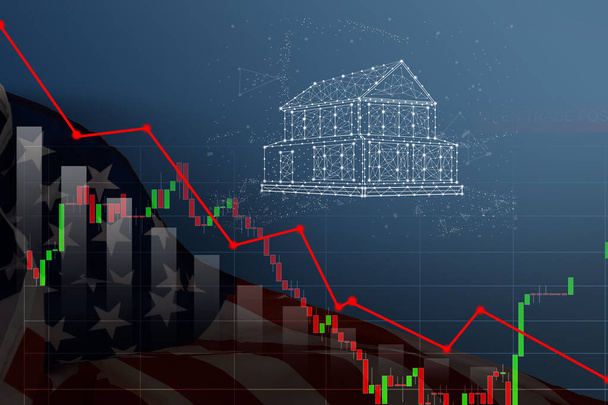 ABD. Amerika borsası. New York borsa analizi, grafik çizelgesi ticareti, ticaret büyümesi para ekonomisi ve Amerika bayrağı ile dolar ticareti savaşı. Bulanık fotoğraf - Fotoğraf, Görsel